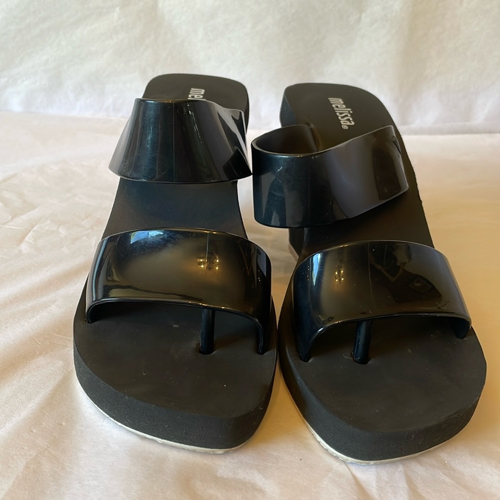 Melissa wedge sandals size 7 plastic straps trimmed‎ in white